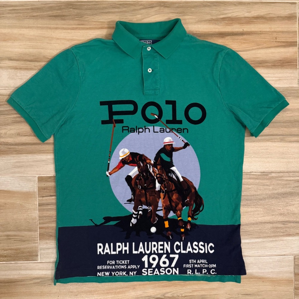 Polo Ralph Lauren Mens Green Graphic Polo Shirt Classic Fit 1967 Season Size M